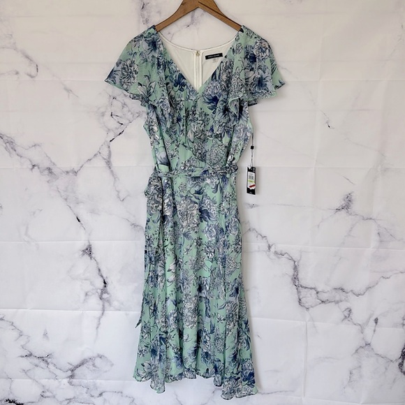 TOMMY HILFIGER Green Blue Floral Flutter Capelet Sleeve Midi Dress Size 18W - Picture 7 of 16